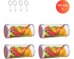 Janse® Barbecue cilinder set van 4 - Grillmand - Bbq rooster met draai/klik sluiting - Barbecue accessoires - Grillkorf set van 4 - Bbq gereedschap - Grill - Groentekorf - Rek