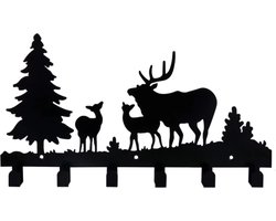 Janse® Herten kapstok met 6 haken - 40cm - Wandkapstok zwart met herten en bos - Sleutelrek met rendier - Decoratie - Metalen kapstok - Wandhaken