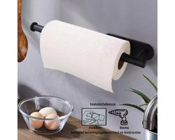Janse® Metalen keukenrolhouder - Standaard voor keukenrol - Zelfklevend of boren - Keukenrolhouder zwart met schroeven en/of plakstrip - Keuken - Keukenaccessoires