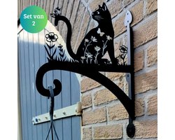 Janse® Plantenhaken XL poezen set van 2 - Metalen plantenhaken katten zwart - Bloempot haak - Tuininrichting - Plantenhanger - Lantaarn haken - Tuin accessoires - Poezen design