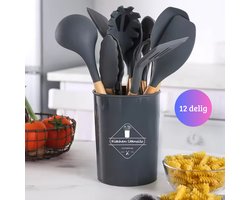 Janse® Siliconen keukengerei set 12 delig grijs - Kookgerei antraciet - Spatel - Tang - Opscheplepel - Garde - Keukenset met houder