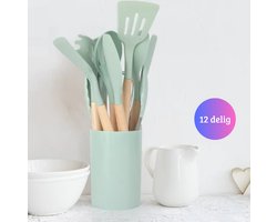 Janse® Siliconen keukengerei set 12 delig groen - Kookgerei - Spatel - Tang - Opscheplepel - Garde - Keukenset met houder