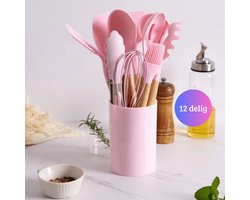 Janse® Siliconen keukengerei set 12 delig roze - Kookgerei - Spatel - Tang - Opscheplepel - Garde - Keukenset met houder
