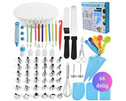 Janse® Taart decoratie set 66 delig - Cake set - Bakken - Bakspullen - Taart accessoires - Bakset - Spuitmondjes - 2 herbruikbare spuitzakken - Cupcakes - Taarten - Taartstandaard - Taartplateau - Decoratie set - Cake decoreren