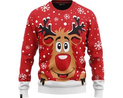 JAP Christmas Kersttrui voor kinderen (maat 134/140) - 100% Gerecycled - Kriebelt niet - Kerstcadeau - Foute Kersttrui jongens en meisjes (9/10 jaar) - Rudolf het Rendier - Rood