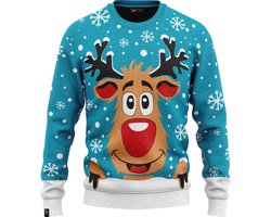 JAP Christmas Kersttrui voor kinderen (maat 146/152/158) - 100% Gerecycled - Kriebelt niet - Kerstcadeau - Foute Kersttrui jongens en meisjes (11/13 jaar) - Rudolf het Rendier - Licht blauw