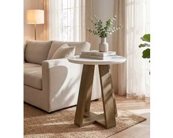 Japandi Bijzettafel – Ronde Salontafel met Cross-Leg Houten Poot – Modern Landelijk – Wit & Naturel Eiken