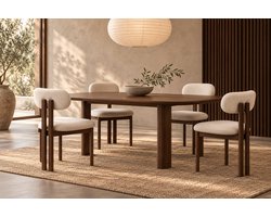 Japandi Eetkamerstoel Miyo Beige – Bouclé Eetstoel met Walnootlook Frame – Japanse Stijl Stoel met Zachte Bekleding voor Eetkamer, Woonkamer & Eettafel