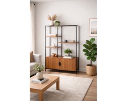 Japandi Stijl Wandkast – Rustige Houttinten met Slank Metalen Frame