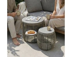 Japandi Tuin Bijzettafel Set – 2-delig | Ø44 + Ø37 cm – Minimalistisch & Modern Outdoor Design
