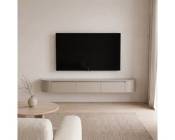 Japandi Tv Meubel Curved - Beige Mat - 180x36x33 cm - Gebogen zijkant - Volledig Gemonteerd - Zwevend TV Meubel 180cm – Wandgemonteerd TV Kast met Deuren en Lade – Floating TV Cabinet – Curved Design – Modern Scandinavisch TV Meubel