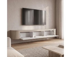 Japandi Tv Meubel Curved - Beige Mat - 240x36x33 cm - Gebogen zijkant - Volledig Gemonteerd - Zwevend TV Meubel 240cm – Wandgemonteerd TV Kast met Deuren en Lade – Floating TV Cabinet – Curved Design – Modern Scandinavisch TV Meubel