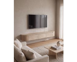 Japandi Tv Meubel Curved - Travertin - 180x36x33 cm - Gebogen zijkant - Volledig Gemonteerd - Zwevend TV Meubel 180cm – Wandgemonteerd TV Kast met Deuren en Lade – Floating TV Cabinet – Curved Design – Modern Scandinavisch TV Meubel