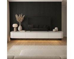 Japandi Tv Meubel Curved - Wit - 240x33x33 cm - Gebogen zijkant - Volledig Gemonteerd - Zwevend TV Meubel 240cm – Wandgemonteerd TV Kast met Deuren en Lade – Floating TV Cabinet – Curved Design – Modern Scandinavisch TV Meubel