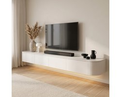 Japandi Tv Meubel Curved - Wit - 280x33x33 cm - Gebogen zijkant - Volledig Gemonteerd - Zwevend TV Meubel 280cm – Wandgemonteerd TV Kast met Deuren en Lade – Floating TV Cabinet – Curved Design – Modern Scandinavisch TV Meubel