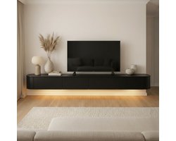 Japandi Tv Meubel Curved - Zwart - 180x36x33 cm - Gebogen zijkant - Volledig Gemonteerd - Zwevend TV Meubel 180cm – Wandgemonteerd TV Kast met Deuren en Lade – Floating TV Cabinet – Curved Design – Modern Scandinavisch TV Meubel