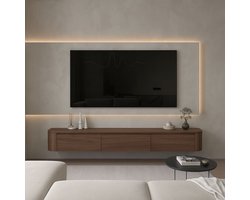 Japandi TV Meubel Walnoot – Zwevend TV Meubel 280cm – Wandgemonteerd TV Kast met Deuren en Lade – Floating TV Cabinet – Curved Design – Modern Scandinavisch TV Meubel met LED Verlichting