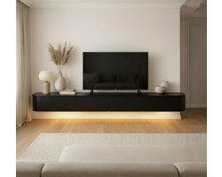 Japandi TV Meubel Zwart – Zwevend TV Meubel 180x36x33 – Wandgemonteerd TV Kast met Deuren en Lade – Floating TV Cabinet – Curved Design – Modern Scandinavisch TV Meubel