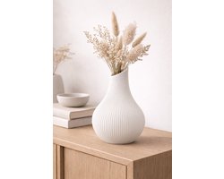 Japandi Vaas 20 cm – Moderne Ribbel Vaas – Scandinavische Minimalistische Design Vaas – Woondecoratie in Zwart, Wit, Karamel & Woestijnbruin