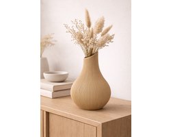 Japandi Vaas 25 cm – Moderne Ribbel Vaas – Scandinavische Minimalistische Design Vaas – Woondecoratie in Zwart, Wit, Karamel & Woestijnbruin