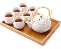 Japans theeservies, theeservies van wit porselein met 1 theepot, 6 theekopjes, 1 dienblad, 1 thee-ei, zoete Aziatische theeset voor theeliefhebbers (pruim in goud)