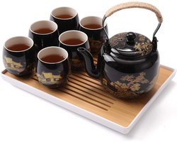 Japans Theeservies, Zwart Porseleinen Theeservies met 1 Theepot, 6 Theekopjes, 1 Theeblad, 1 Zeefinzet, Prachtige Aziatische Theepotset met Kop voor Theeliefhebbers (Landschap in Goud)