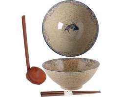 Japanse keramieken ramenkomset met lepel en eetstokjes - 1200 ml, vintage stijl, geschikt voor ramen, soep, muesli en salades