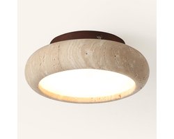 Japanse LED Plafondlamp 20 cm – Wabi-Sabi Plafondverlichting Geel Travertijn – Ronde Semi-Flush Plafondlamp 7W met Warm Licht voor Slaapkamer, Eetkamer, Keuken & Hal – Energieklasse F