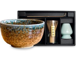 Japanse Matcha thee set Kioto - Matcha drinken zoals het hoort - Cadeau tip 2025! - ✓Kom ✓Matcha borstel ✓Matcha houder ✓Matcha Lepel - Ø13 cm | H7 cm