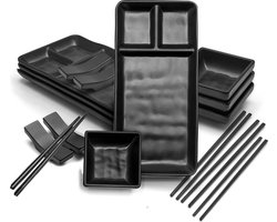 Japanse Melamine Sushi Gerechten Zwarte Set 16 stuks Bevat Sauskommen Eetstokjes Dienblad Aziatische Gerechten Set Zwart borden set 6 person