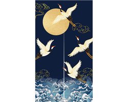 Japanse Noren Deurgordijn in Marineblauw met Gouden Kranen en Golven - Ideale Raambehandeling voor Huisdecoratie