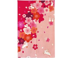 Japanse Noren Deurgordijn Roze met Konijn en Bloemen - Privacy Gordijn 85x150cm