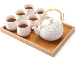 Japanse Porseleinen Theeset voor Theeliefhebbers - Inclusief Theepot, 6 Kopjes en Dienblad