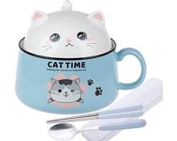 Japanse Ramen kom met deksel - Kawaii kattenkom - instant noedels en ontbijtschaal - bestek - cadeau-idee Anime Japan - Chinese kom blauw - kinderen volwassenen