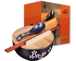 Japanse ramenkom 1000 ml zwarte keramische noedelkom voor soep pasta salade en ontbijtgranen - vaatwasmachinebestendig en magnetronbestendig - 1 set