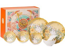 Japanse Servies Set met 4 Kommen, 2 Borden, 4 Aziatische Soeplepels - Keramiek - Geel/Wit met Schattig Konijn & Bloemen Design - Leuk voor Pasen