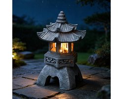 Japanse Steen Lantaarn - Pagode Beeld - Tuin Decoratie - Zonne-energie Verlichting - H 24 cm - Grijs