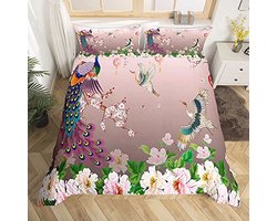 Japanse stijl dekbedovertrek met bloemenpatroon en kraanvogel decoratie voor eenpersoonsbed