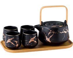 Japanse stijl keramische theeset Elegante theepot en 4 theekopjes met houten dienblad voor afternoon tea Home Decor Restaurant Tea Party Marmerpatroon (zwart)