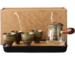 Japanse Thee Set Midori - Gratis zakje Sencha Green Tea - 6 delige set - 4 kopjes - Thee filter - Schenkglas - Verpakt in een Giftbox - Tijdloos design voor thuis of als cadeau - Perfect voor Losse thee.