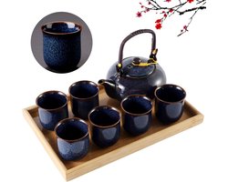 Japanse Theeset – Porseleinen Theepot met 6 Kopjes & Dienblad – Aziatische Theeservies Set – Traditioneel Servies voor Thee Liefhebbers & Cadeau