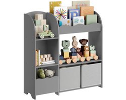 JAQZY Boekenkast - Kinderboekenkast - Boekenrek - Speelgoedkast - Met twee Opbergdozen - 30 × 93 × 100 cm (D×B×H) - Grijs