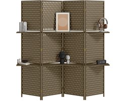JAQZY Kamerscherm - Roomdivider - 4 Panelen - 2 Planken - 181 × 180 cm - Privacy - Stijlvol - Gevlochten Papiervezels - Bruin