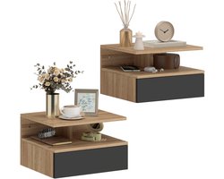 JAQZY Nachtkastje - Nachtkastjes set van 2 - Ladekast - Zwevend Ontwerp - Modern Design - Open Vak - 35x32x22,5cm - Zwart en Eiken
