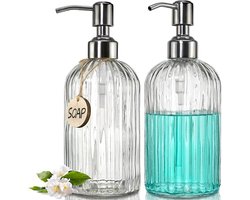 JASAI 2 PACK 18oz glazen zeepdispenser met Zwarte roestbestendige roestvrijstalen pomp, navulbare handzeepdispenser van transparant glas met verticale streep, premium badkamerzeepdispenser voor keuken en badkamer