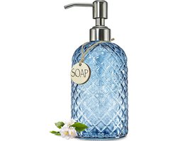 JASAI Blauwe 18oz glazen zeepdispenser met zilveren roestbestendige roestvrijstalen pomp, navulbare handzeepdispenser van glas met verticale streep, premium badkamerzeepdispenser voor keuken en badkamer
