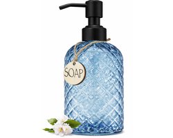 JASAI Blauwe 18oz glazen zeepdispenser met zwarte roestbestendige roestvrijstalen pomp, navulbare handzeepdispenser van glas met verticale streep, premium badkamerzeepdispenser voor keuken en badkamer