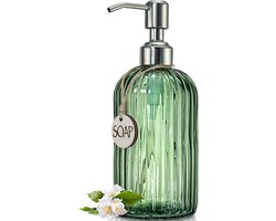 JASAI Groen 18oz glazen zeepdispenser met zilveren roestbestendige roestvrijstalen pomp, navulbare handzeepdispenser van glas met verticale streep, premium badkamerzeepdispenser voor keuken en badkamer