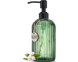 JASAI Groen 18oz glazen zeepdispenser met zwarte roestbestendige roestvrijstalen pomp, navulbare handzeepdispenser van glas met verticale streep, premium badkamerzeepdispenser voor keuken en badkamer