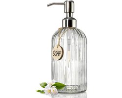 JASAI Transparante 18oz glazen zeepdispenser met zilveren roestbestendige roestvrijstalen pomp, navulbare handzeepdispenser van transparant glas met verticale streep, premium badkamerzeepdispenser voor keuken en badkamer